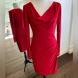 Cache Red Fitted Draped Scooped Neck Dress with Side and Sleeve Zipper Accents